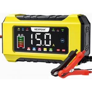 15A Chargeur de Batterie de Voiture, NEXPEAK 12V 15A/24V 8A Chargeur de Batterie Intelligent avec Compensation de Temp&eacute;rature pour Voiture, AGM, Gel, Wet, SLA pour Batteries Plomb-Acide et LiFePO4 (NEXPEAK POWER FR, neuf)