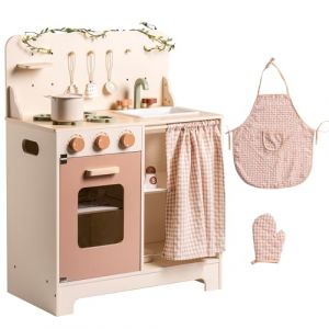 ROBOTIME Cuisine en bois rose cr&egrave;me pour enfants avec tablier, gant, four et robinet, rideau pour jeux de r&ocirc;le interactifs, id&eacute;al pour les filles &agrave; partir de 3 ans (Global Premier Collections, neuf)