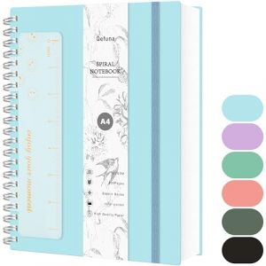 Qefuna Carnet A4 Lign&eacute;, 300 Pages &agrave; Spirale, Papier R&eacute;sistant &agrave; l'Encre 100g/M&sup2;, Couverture Rigide PVC, avec R&egrave;gle, Poches Extensibles, Bandes Elastiques, pour Femme, Homme, 21x 28 cm - Bleu (Qcore, neuf)