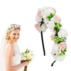 Serre-t&ecirc;te Couronne de Fleurs, Femme Fleur Couronne Bandeau, Headband Faux Floral, Bandeaux Couronne Fleurs, Couronne Fleur Cheveux, Bandeau &agrave; Fleurs Rose et Blanc pour F&ecirc;te, Festival, Mariage (Kaslaik, neuf)