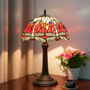 Tiffany lampe de table libellule style vitrail rouge lampe de chevet lampe de table Vintage métal lampe de lecture dortoir Bureau Art Craft antique décoration accent esthétique lampe de chevet (oufutify, neuf)