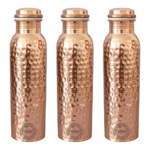 Fashnkart Bouteille d'eau en cuivre pur martel&eacute; 34 oz Design anti-fuite Pichet Ayurveda Sant&eacute; pour Fitness Sports Yoga 1000 ml Lot de 3 (ISHIKA-ENTERPRISES, neuf)