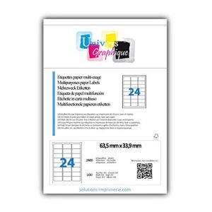 2400 étiquettes 63,5 x 33,9 mm L7159 étiquette multi usage pour imprimante SOIT 100 planches de 24 étiquettes(l7159) sachet de 100 Fabricant: univers graphique ® FACTURE AVEC TVA (2400 ex = 100 A4) (solutions-imprimerie, neuf)