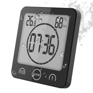 Horloge de Salle de Bain, Horloge de Douche Contrôle Tactile étanche, Alarme Numérique LCD, Thermomètre Hygromètre, Minuterie de Compte à Rebours, Alimenté par Pile, pour Maquillage Cuisine (Noir) (BSDZ, neuf)