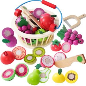 Smartwo Dinette Enfant 2 3 Ans, Panier &agrave; Fruits en Bois, Fruits en Bois &agrave; D&eacute;couper, Cuisine Aliments Jouets, Fruit et Legumes Jeux Enfant, Cadeau Fille Gar&ccedil;on 2 3 4 5 Ans (OuterFun, neuf)