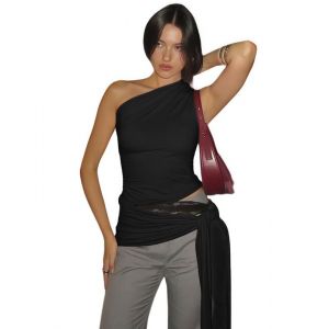 Sukiglam Débardeurs Femme Chic et Elegant d'Été Haut Épaules Dénudées sans Manches Asymétriques Crop Top la Taille à Nouer Sexy Y2K Tunique Tank Tops Slim Fit Blouse Court Chemisie de Fête (Sukiglam Store, neuf)