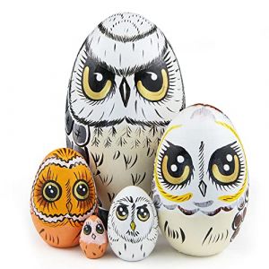 Lot de 5 poupées gigognes Russes en Bois sur Le thème des Animaux de Hibou, poupée matriochka Faite à la Main en Forme d'œuf poupée empilable en Bois pour Anniversaire d'enfant, Noël, Nouvel an (Feiandenguk, neuf)