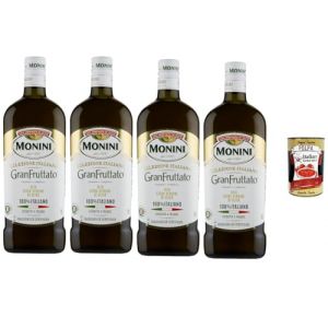 Monini GranFruttato Huile d&rsquo;Olive Extra Vierge Italienne 4x 1L, Press&eacute;e &agrave; Froid, 100% Italienne, Go&ucirc;t Fruit&eacute; Intense, Huile Premium pour Cuisine M&eacute;diterran&eacute;enne + Italian Gourmet Polpa (Italiaen Gourmet UK Ltd, neuf)
