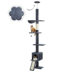 PAWZ Road Arbre &agrave; Chat du Sol au Plafond Hauteur R&eacute;glable 216-273 cm, Multi-Plateforme avec Hamac, Griffoir, Condo & Ceinture Anti-Chute, Gris Fonc&eacute; (Johnson SY, neuf)