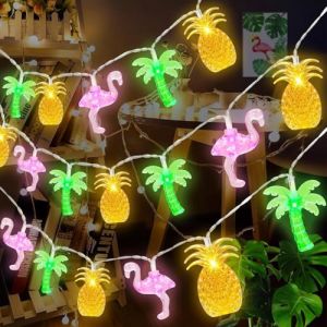 EKKONG Guirlande Lumineuse Tropicale Fairy Lights Hawaïenne 20 Led 3 Mètres Fête Plage Guirlandes Lumineuses Avec Flamant Rose, Ananas, Palmier pour Intérieur Et Extérieur Fête Hawaïen (kakateluo, neuf)