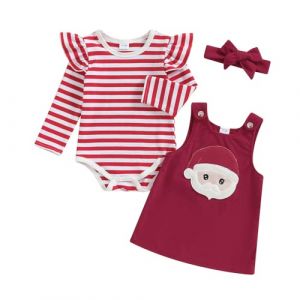 Nouveau-n&eacute; B&eacute;b&eacute; Fille V&ecirc;tements 3Pcs Ensemble Jupe Porte Jarretelles et Haut Combinaison &agrave; Volants Manches Longues +Bandeau Tenue Set Infantile Automne Hiver 0-18M (Rouge P&egrave;re No&euml;l, 0-3 Months) (BAOLILU, neuf)