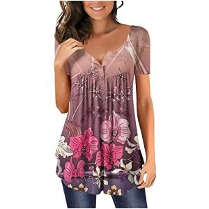 Chic Et &Eacute;l&eacute;gant Chemisier Femme Manches 3/4,T Shirt Imprim&eacute; Fleurs avec Pliss&eacute;,Tee Shirt Col en V Blouse De Boheme Hauts avec Boutons,D&eacute;contract&eacute;e Tunique &Eacute;t&eacute; Plage Travail Tunique Tops (Wyongtao❖, neuf)