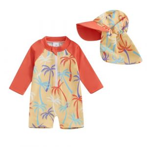 Loalirando Maillot de Bain Enfant B&eacute;b&eacute; Gar&ccedil;on de 2 Pi&egrave;ces Anti-UV, Combinaison Zipp&eacute; &agrave; Manches Longues Imprim&eacute; + Chapeau &agrave; Large Bord (Orange, 2-3 Years) (Biu-clothing, neuf)