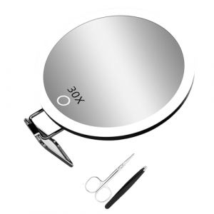 AMSLSIU Miroir grossissant 30x avec ventouses, support de Table pour la stabilité, miroir grossissant avec lumière, miroir grossissant 30x, NOIR (compatriot, neuf)