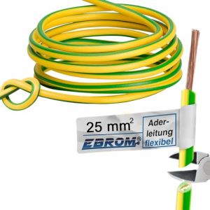 EBROM C&acirc;ble de terre H07V-K (K = cuivre OFC flexible &agrave; 99,9 %, cuivre plein) 1 x 25 mm&sup2;, 5 &agrave; 100 m&egrave;tres au choix, vert/jaune 25 mm&sup2; (25 mm&sup2;) &ndash; Longueur : 5 m (EBROM, neuf)