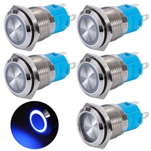 QIMEI-SHOP Bouton Poussoir Verrouillage 16mm Interrupteur Poussoir 12V/24V DC 3A Étanche Interrupteur à Bouton-poussoir en Laiton Chromé avec Lumière LED Anneau Bleu 5 Pièces (QIMEI-SHOP, neuf)