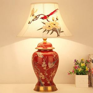 Lampe De Table en Céramique Rétro Rouge, Grande Lampe De Table Orientale en Céramique, E27 Lampe De Chevet De Chambre À Coucher De Style Chinois Lampe De Bureau Tissu Oiseaux fleurs, 54 × 33 Cm (xindaxin, neuf)