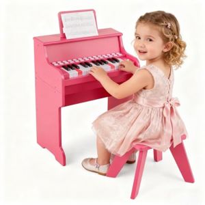 DREAMADE Clavier de Piano 25 Touches pour Enfants, Mini Piano Numérique avec Tabouret, Vitesse et Volume Réglables, Mode d'Enseignement, Pupitre Amovible (Rose) (DREAMADE, neuf)
