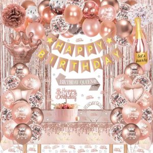 Decoration Anniversaire, Anniversaire Décorations Rose Or Arche Ballons Kit Banderole Joyeux Anniversaire Pom Poms Confetti Echarpe Couronne Deco Rideau Nappe Couronne Anniversaire pour Femme Fille (ChangLeLiFei, neuf)