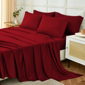 Parure De Lit 120x190/200cm 3 Pièces en Polyester, Draps de Lit 1 Personne, Drap Housse Ajustable 120x200 cm, Drap Plat 1 Personne 180x250 cm et 1 Taie d'oreiller 50x80, Bordeaux (Trame Italiane, neuf)