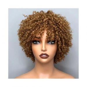 Linmeas-753 Perruques Femme Perruques Courtes Afro bouclées en Cheveux Humains brésiliens Remy 99J avec Frange for Femmes Costume Daily Party Hairpiece pour Femmes Filles(Bruin) (lmqouzhou, neuf)