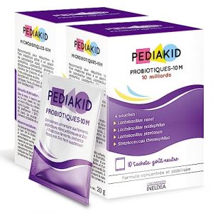 PEDIAKID - Probiotiques-10M - Rééquilibre la flore intestinale - Apporte 10 milliards de ferments lactiques - Soutient l'immunité - Dès 6 mois - Etui de 10 sachets - Lot de 2 (Parabio Santé, neuf)