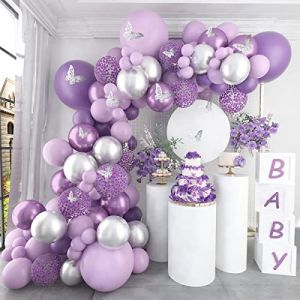 Kit Arche de Ballons Violet, 118 Arche Ballon Anniversaire Violet Argent avec Papillon Stickers,Arche Ballon Anniversaire pour décoration de fête d'anniversaire, fête prénatale, Baby Shower, Mariage (Qingkui Direct, neuf)