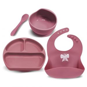 Miracle Baby Lot de 4 Set Vaisselle Silicone Repas Bébé, Assiette Ventouse pour Bébé, Bol Ventouse pour Enfant, Bavoir Imperméable, Cuillère D’apprentissage, Sans BPA, Passe Lave et Micro Onde (Rouge) (LAT & Miracle Baby, neuf)