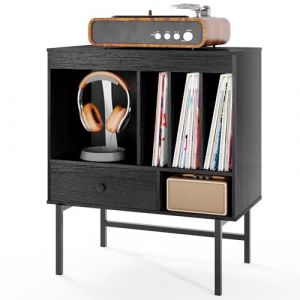 COSTWAY Meuble Disque Vinyle avec Tiroir, Rangement Platine Vinyle 5 Compartiments, Support de Tourne-Disque pour CD/DVD, meuble imprimante pour bureau, Bout de Canape pour Salon, Chambre (Noir) (FDS GmbH, neuf)