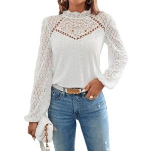 GORGLITTER Chemisier &eacute;l&eacute;gant pour femme, col haut, manches longues, dentelle, tunique, blouse avec manches &eacute;vas&eacute;es, blanc, M (SHENHE INTERNATIONAL, neuf)