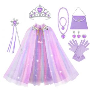 Vicloon Princesse Déguisement pour Enfant,11PCS Robe de Princesse pour Cosplay Mariage Carnaval Fête d'anniversaire - avec Accessoires de Baguette Magique Princesse Couronne(Couleur violette) (YIJIABAI, neuf)