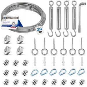 Angooni Lot de câbles en acier de 20 m, câble métallique épais de 3 mm, tendeur de câble M5, tendeur de câble en acier inoxydable, crochet mural M5, câble en acier avec œillets, tuteurs pour plantes… (Angooni-EU, neuf)