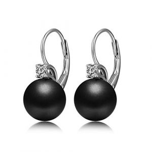 Boucles d'oreilles en perles noires, boucles d'oreilles pendantes en perles Boucles d'oreilles à levier en argent sterling Boucles d'oreilles en perles en argent pour femmes boucles d'oreilles créoles (Jiayang Fine Jewelry, neuf)