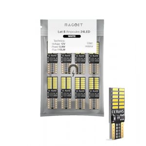Magnet Pack 8 Ampoules Voiture | T10 Qualité Canbus Anti-Erreur 24 LED Type 4014 SMD, en Fibre de Verre | Homologuée Intérieur, Plaque Immatriculation, Feu Position, Plafonnier, Coffre (LB MARKET, neuf)
