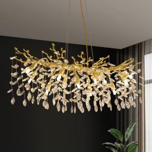 ZenithBeam Lustre Cristal Moderne Doré,Longue LumièRes Forme De Branche En Aluminium Lustre Salle A manger,10 G9 Suspension Luminaire Pour Table à Manger Cuisine Salon Chambre Hôtel L100Cm (bodengjiudian, neuf)