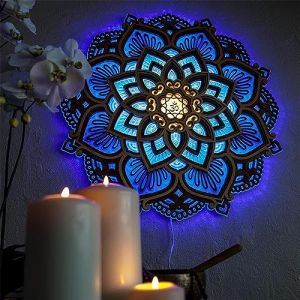 SAAKO D&eacute;coration Murale Mandala avec Lumi&egrave;re LED, Art Mural Mandala &Eacute;clair&eacute;, D&eacute;coration Murale Fleur De Lotus, Suspension Murale M&eacute;ditation Boho Fleur en Bois Veilleuse (Dongfang Hong, neuf)