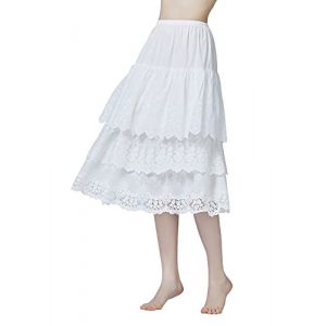 BEAUTELICATE Femme Jupon sous Robe Fond de Jupe en 100% Coton avec Dentelle Jupe &Agrave; Volants D&rsquo;&eacute;T&eacute; Midi Longue 75cm Blanc Cass&eacute; L (BEAUTELICATE-FR, neuf)