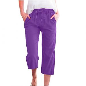 Pantalon Fluide Femme &Eacute;t&eacute; Fluide Coton Lin Taille Haute Elastique D&eacute;contract&eacute;s Pantalons Mode Chanvre Confortable Jogging Plage R&eacute;tro Pants L&eacute;ger Respirant Pantalon avec Poches Pas Cher (⭐⭐⭐⭐⭐5.0 Yaair-OEF, neuf)