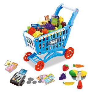 RedCrab Chariot de Courses Enfant, Ensemble de Jeu Chariot de Courses Comprenant 64 Pièces Produits D'épicerie, Goûter, Fruits, Légumes, Accessoires de Magasin Cadeau Jouet Éducatif (Bleu,64pcs) (RedCrab -EU, neuf)