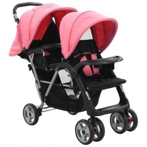 vidaXL Poussette Tandem Bébé Enfant Voyage Landau Voiture Poussette Siège Poussette contre UV de 6 à 36 Mois Maximal de 15 kg Chacun Rose et Noir Acier (shop.nova, neuf)