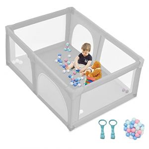 GOPLUS Parc Bebe 120x190cm, Grand Parc Bébé xxl avec 50 Boules Marines, 2 Anneaux, 4 Ventouses en Caoutchouc, Centre d'Activités Enfant pour Intérieur et Extérieur (Gris) (Augenstern24, neuf)