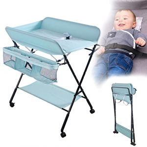 HUOLE Table a Langer Pliante Chambre Bébé Réglable en Hauteur,Table à Langer Pliable,Commode à langer pour bébé,avec sangle de sécurité et paniers de rangement,80 * 66 * 98cm（Bleu） (Hechheu, neuf)