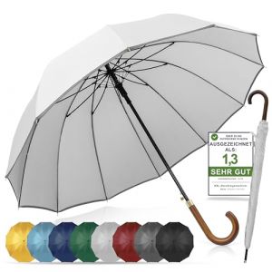ADRIANO PORCARO® - Parapluie automatique - Coupe-vent avec tige en bois - Entretoise à 12 branches en fibre - Grand, solide et résistant au vent - 115 cm de diamètre, Bleu marine/gris, xxl (AP - Adriano Porcaro, neuf)