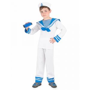 DEGUISE TOI - Déguisement marin bleu et blanc garçon - Haut - Pantalon - Chapeau - S 4-6 ans (110-120 cm) - Blanc - Déguisements enfants - 100% Polyester - Lavage à la main - Carnaval (Vegaoo Party_Officiel, neuf)