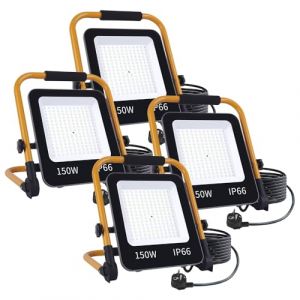 Fosingut Projecteur LED Chantier 150W,Éclairage de Chantier Puissant avec Prise EU/Cordon 2M/6500K,IP 66 Étanche Spot LED Extérieur Pliable Portable Phare de Travail pour Atelier,Garage,Jardin-4pcs (Teyinuo Lighting, neuf)