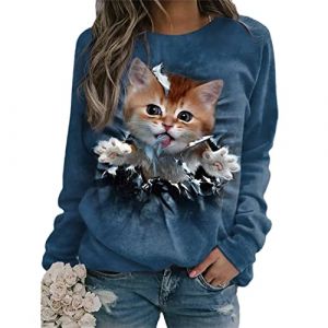 EGSDMNVSQ Chemise &agrave; Manches Longues pour Femmes avec imprim&eacute; Chat 3D col Rond Motif de Chat Mignon Sweat Mode Pull d&eacute;contract&eacute; Haut &agrave; Manches Longues Hauts (MORISEEU, neuf)