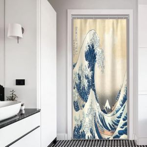 Xiaoterna Rideau de douche traditionnel japonais motif vagues de l'oc&eacute;an japonais rideau de salle de bain abstrait vague de mer bateau en bois rideau de douche lavable en tissu imperm&eacute;able d&eacute;coration (Xiaoterna Store, neuf)