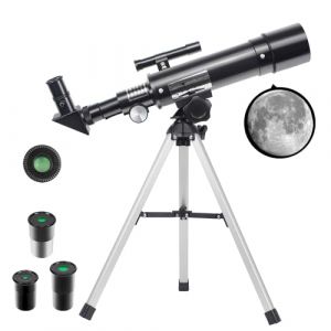Télescope pour Enfants, télescope astronomique HD grossissement 90x, télescope Portable de Calibre 50mm avec 3 oculaires et trépied pour Lune, planètes, Cadeau d'observation des étoiles (Noir) (Esoldnic-EU, neuf)