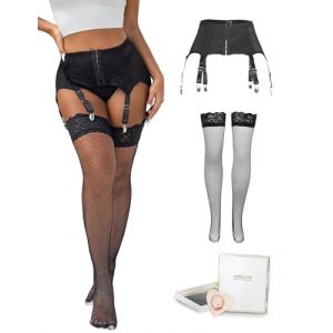 comeondear Grande taille Porte-Jarretelles Sexy Femme Dentelle avec Bas Autofixants Résille Ensemble de Porte Jarretelle Transparent avec 6 Pince Jarretière Guêpière Vintage Lingerie 2-Noir+Bas,M-L (ComeonDear, neuf)