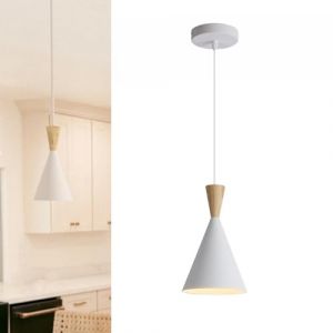 Alpinaluz Suspension Paris - Abat-jour conique en acier laqu&eacute; blanc avec d&eacute;tail en bois naturel - Design nordique minimaliste - Culot E27 pour cuisine, salle &agrave; manger et chambre (ALPINALUZ, neuf)